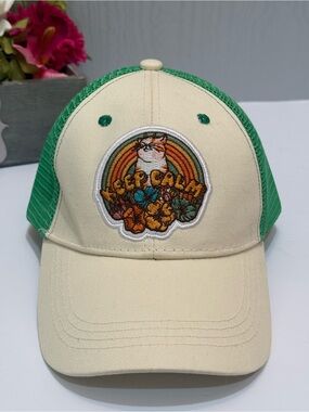 Cat Lady 70s Style Keep Calm Mesh Trucker Hat Cap Green Cream SnapBack Cotton
